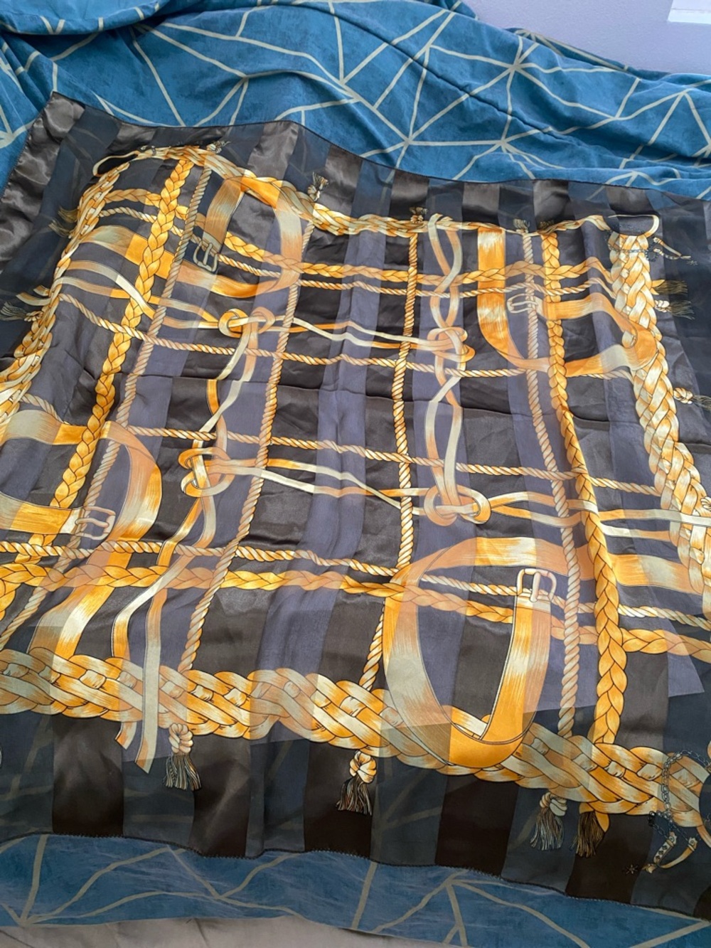 Silk-Feel Scarf with Gold Rope Print